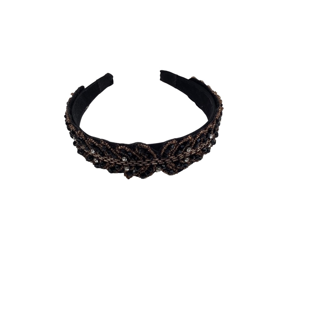 Vintage Style Beaded Leaf Headband Black Bronze Rhinestone Formal Hair Accessory